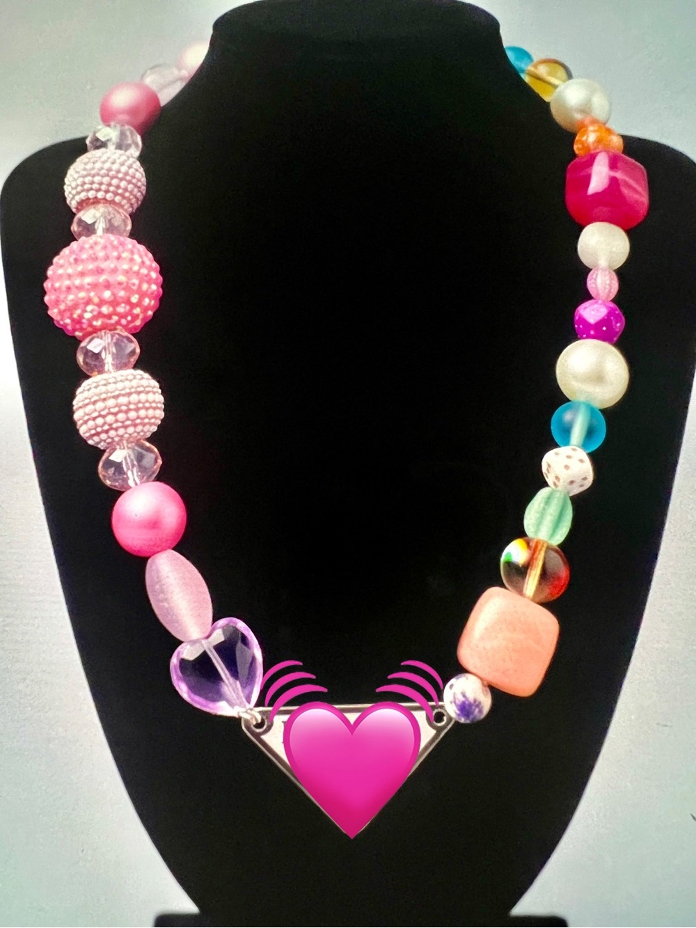 Colorful Pink Multi-Bead Heart Necklace upcycled